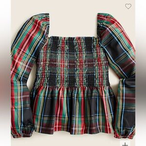 NWY JCrew Puff-sleeve smocked top in Stewart tartan